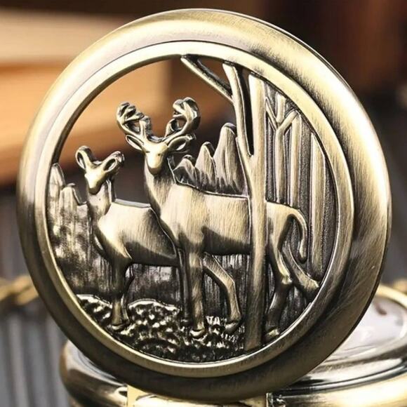 Deer Forrest Pocket Watch Hiking Camping Hunter Nature Scene Solid Bronze - NEW! - Picture 2 of 6